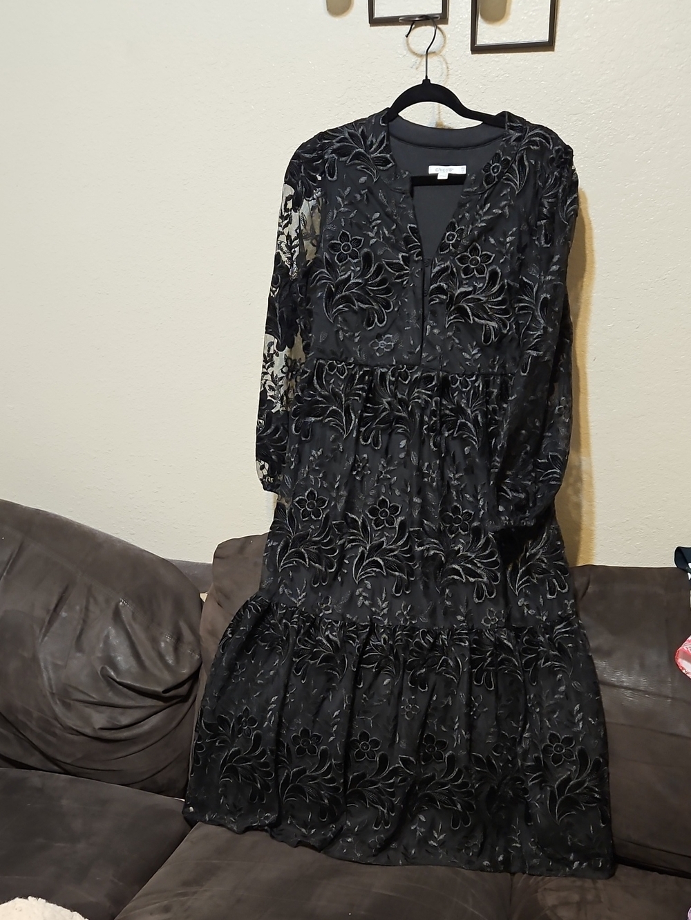 Chico's Black Floral Burnout Tiered Long-Sleeve Maxi